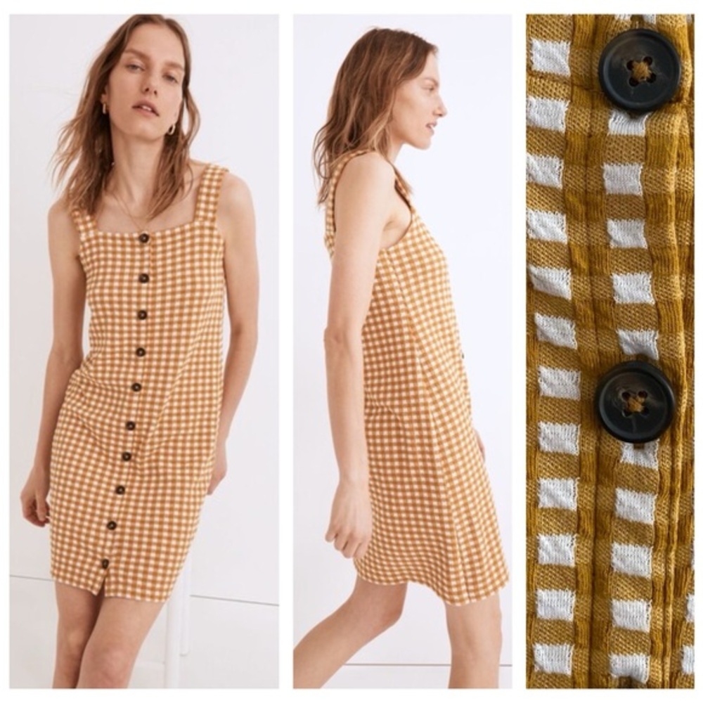 Madewell Mustad Yellow White Gingham Plaid Jacquard Button-Front Mini Dress S